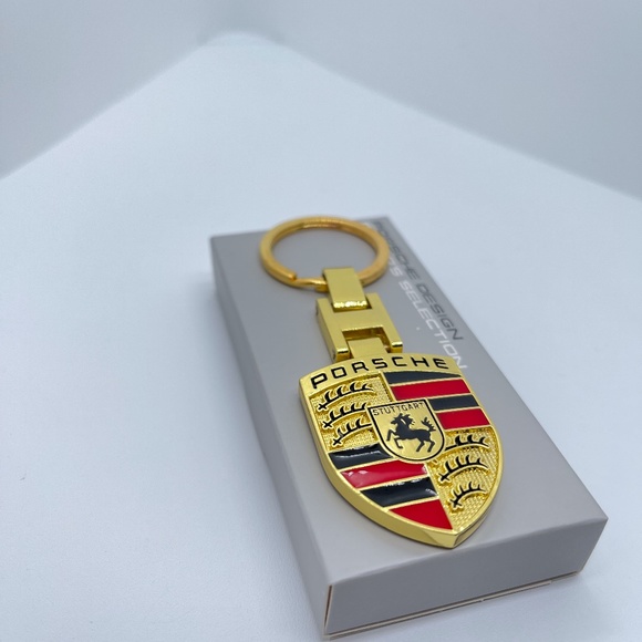 Porsche Keyring Keychain two-sided crest metal gold crest chrome new - Picture 3 of 3